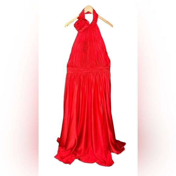 Mac Duggal Cherry Red Rosette Halter Chiffon Evening Gown 14 - Picture 2 of 12